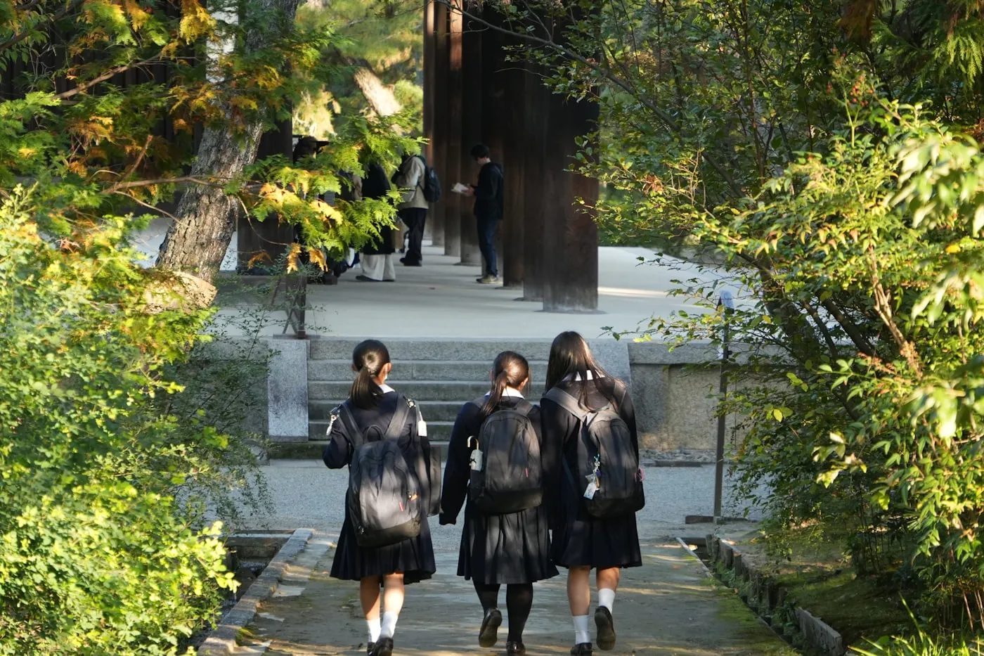 Students in uniform walking together along a tree-lined path toward their school.
